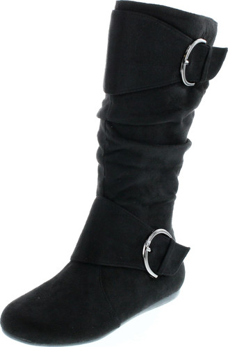 Forever Link Women's Klein-70 Closed Round Toe Buckle Slouch Flat Heel Mid-Calf Boot
