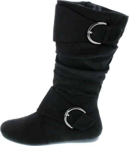 Forever Link Women's Klein-70 Closed Round Toe Buckle Slouch Flat Heel Mid-Calf Boot