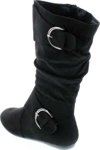 Forever Link Women's Klein-70 Closed Round Toe Buckle Slouch Flat Heel Mid-Calf Boot
