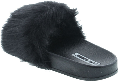 Cape Robbin Moira-5 Women Flip Flop Faux Fuzzy Fur Slide Slip On Flat Sandal Shoe Slipper Black