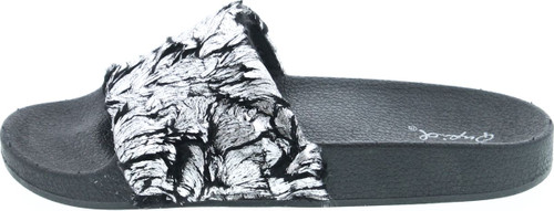 Qupid Booboo-07 Women Metallic Faux Fur Slide Casual Lounging Trendy Furry Slipper