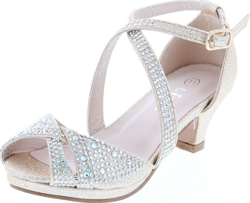 Link Fantastic-90K Girl's Rhinestone Criss Cross Ankle Strap Chunk Heel Sandals