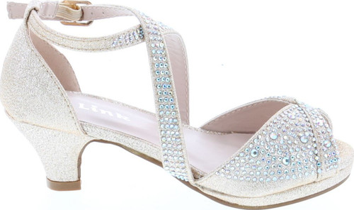 Link Fantastic-90K Girl's Rhinestone Criss Cross Ankle Strap Chunk Heel Sandals