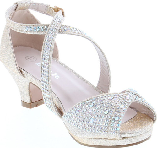 Link Fantastic-90K Girl's Rhinestone Criss Cross Ankle Strap Chunk Heel Sandals