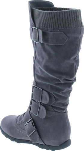 Womens Knee High Faux Suede Flat Winter Buckle Boots Gray Military Shoes