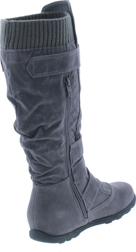 Womens Knee High Faux Suede Flat Winter Buckle Boots Gray Military Shoes