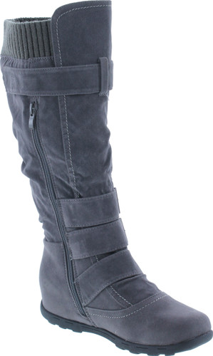 Womens Knee High Faux Suede Flat Winter Buckle Boots Gray Military Shoes