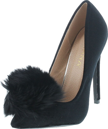 Liliana Affair Velvet Pointy Toe Stiletto High Heel Fur Pom Slip On Pump Slide Shoe