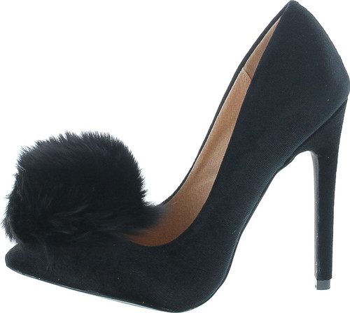 Liliana Affair Velvet Pointy Toe Stiletto High Heel Fur Pom Slip On Pump Slide Shoe