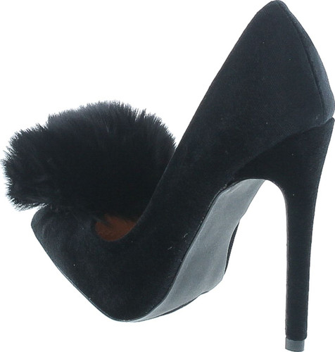 Liliana Affair Velvet Pointy Toe Stiletto High Heel Fur Pom Slip On Pump Slide Shoe