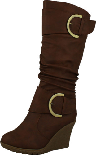 Top Moda Womens Pure-65 Mid Calf Round Toe Slouched Wedge Heel Boots