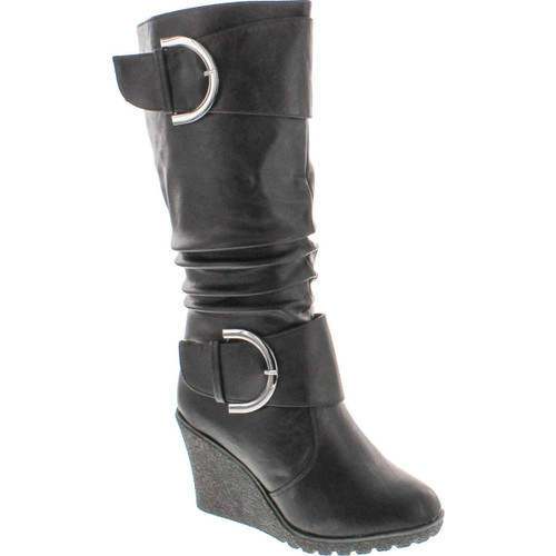 Top Moda Womens Pure-65 Mid Calf Round Toe Slouched Wedge Heel Boots