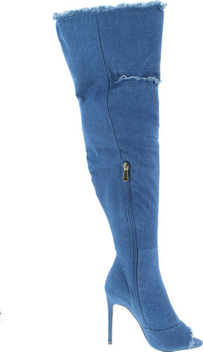 Liliana Barbara-13 Thigh High Over Knee Denim Open Toe Stiletto Heel Boot Dark Blue