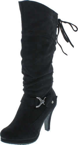 Top Moda Womens Page-65 Knee High Round Toe Lace-Up Slouched High Heel Boots