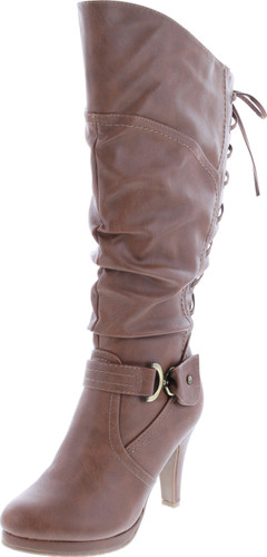 Top Moda Womens Page-65 Knee High Round Toe Lace-Up Slouched High Heel Boots