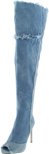 Liliana Barbara-13 Thigh High Over Knee Denim Open Toe Stiletto Heel Boot Lite Blue