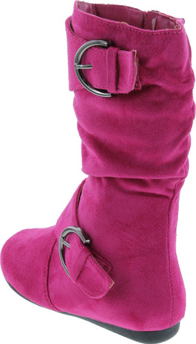 Link Klein-70K Girl's Kid's Faux Suede Two Buckle Zipper Flat Heel Mid Calf Slouchy Boot Shoes
