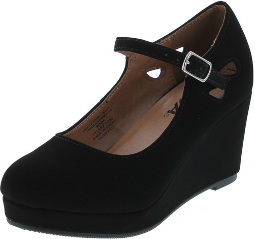 Soda Tyleeiis Black Children's Almond Toe Mary Jane Platform Cut Out Dress Wedge Heel