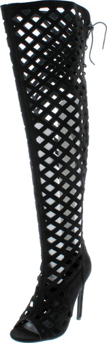 Cr Elnora Gladiator Open Toe Lace Back Full Zipper Thigh High Stiletto Heel Boot Black