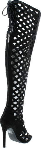 Cr Elnora Gladiator Open Toe Lace Back Full Zipper Thigh High Stiletto Heel Boot Black