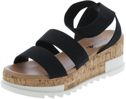 Soda Madyson Slip On Open Toe Two Bands Elastic Ankle Strap Flatform Wedge Casual Fashion Sandal With Cork Wrap Bottom