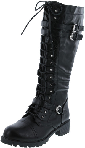 Premier Standard - Women's Lace-Up Strappy Knee High Combat Stacked Heel Boot