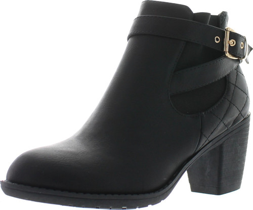 Top Moda Women's Place-2 Quilted Leather Medium Heel Rubber Sole Buckle Ankle Boot