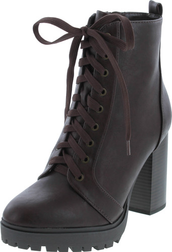 Soda Balboa Vegan Round Toe Stacked Lug Heel Lace Up Ankle Booties