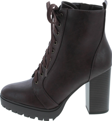 Soda Balboa Vegan Round Toe Stacked Lug Heel Lace Up Ankle Booties