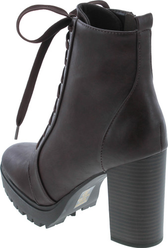 Soda Balboa Vegan Round Toe Stacked Lug Heel Lace Up Ankle Booties