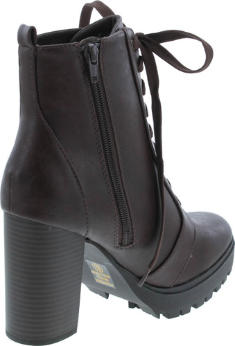 Soda Balboa Vegan Round Toe Stacked Lug Heel Lace Up Ankle Booties