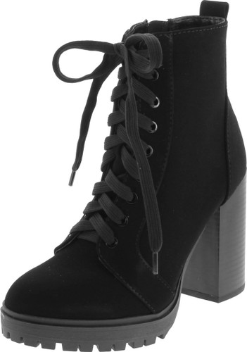 Soda Balboa Vegan Round Toe Stacked Lug Heel Lace Up Ankle Booties