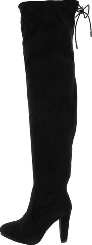 Nature Breeze Womens Stretchy Thigh High Pull String Chunk Heel Combat Boots