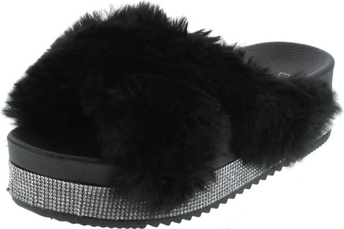 Cape Robbin Spotty Furry Faux Fur Slides Slippers Platform Strappy Rhinestone Sandals For Women