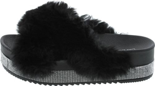 Cape Robbin Spotty Furry Faux Fur Slides Slippers Platform Strappy Rhinestone Sandals For Women