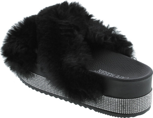 Cape Robbin Spotty Furry Faux Fur Slides Slippers Platform Strappy Rhinestone Sandals For Women