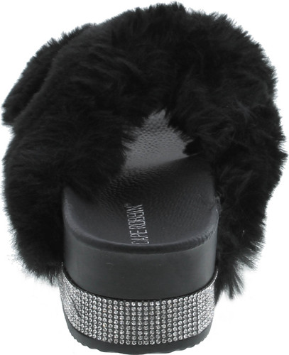 Cape Robbin Spotty Furry Faux Fur Slides Slippers Platform Strappy Rhinestone Sandals For Women