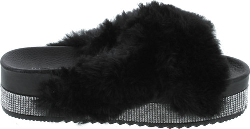 Cape Robbin Spotty Furry Faux Fur Slides Slippers Platform Strappy Rhinestone Sandals For Women