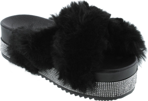 Cape Robbin Spotty Furry Faux Fur Slides Slippers Platform Strappy Rhinestone Sandals For Women