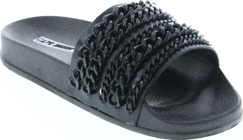 Cape Robbin Moira-18 Women Metallic Chained Flat Sandal - Casual Lounge Street Fashion Open Toe Slide