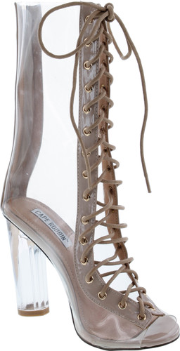 Cape Robbin Bailey-1 Open Toe Block Chunky Clear Perspex Heel Lace Up Ankle Boot Bootie Nude