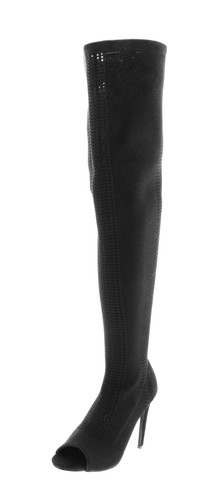 Cape Robbin Elnora-27 Open Peep Toe Knit Stretch Elastic Pull On Thigh High Boot Black
