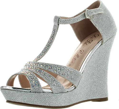 Deblossom Womens Dressy Glitter Rhinestone T Strap Platform Wedge Sandal Aalle-2