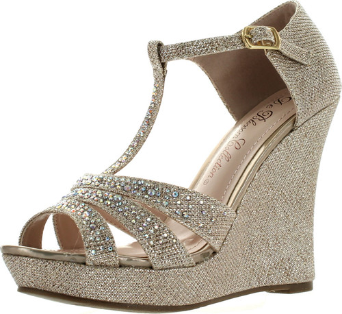 Deblossom Womens Dressy Glitter Rhinestone T Strap Platform Wedge Sandal Aalle-2