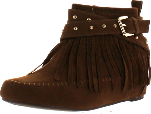 Bella Marie Campus-25 Women's Shiny Studded Criss Cross Side Zip Fringe Booties