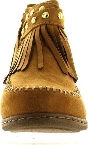 Soda Women's Dahlia Faux Suede Moccasin Fringe Wedge Ankle Booties