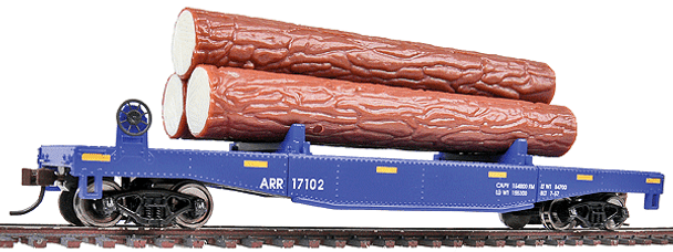 Log Dump Car with 3 Logs - Ready to Run -- Alaska Railroad #17102 (blue, yellow Conspicuity Marks)