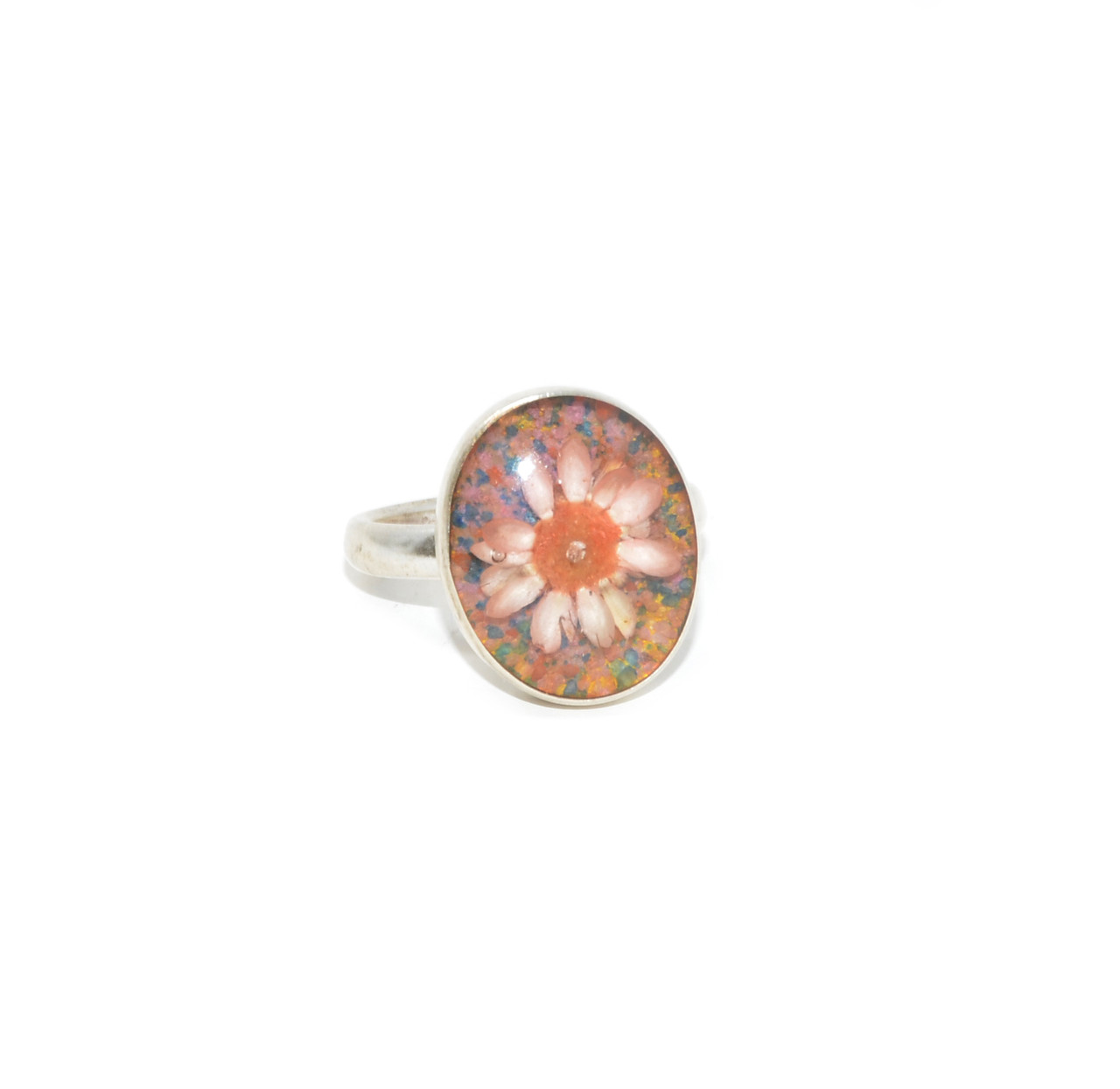 Pink and Orange Pressed Flower Resin Ring-Size 8.5