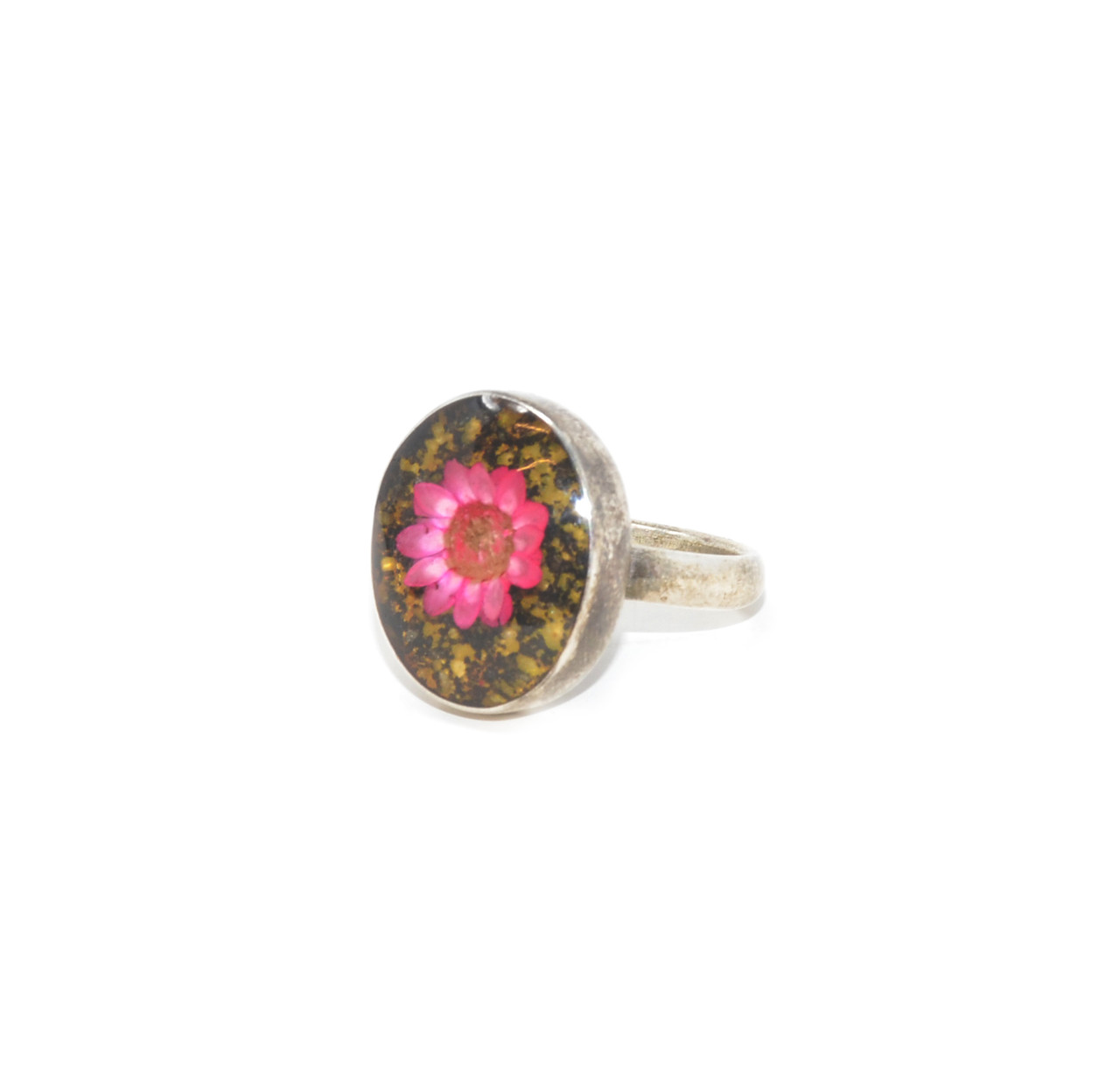 Black and Pink Pressed Flower Resin Ring-Size 7