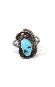 Vintage Aqua Turquoise Native Style Asym Rope Setting Sterling Silver Ring Size 6.25